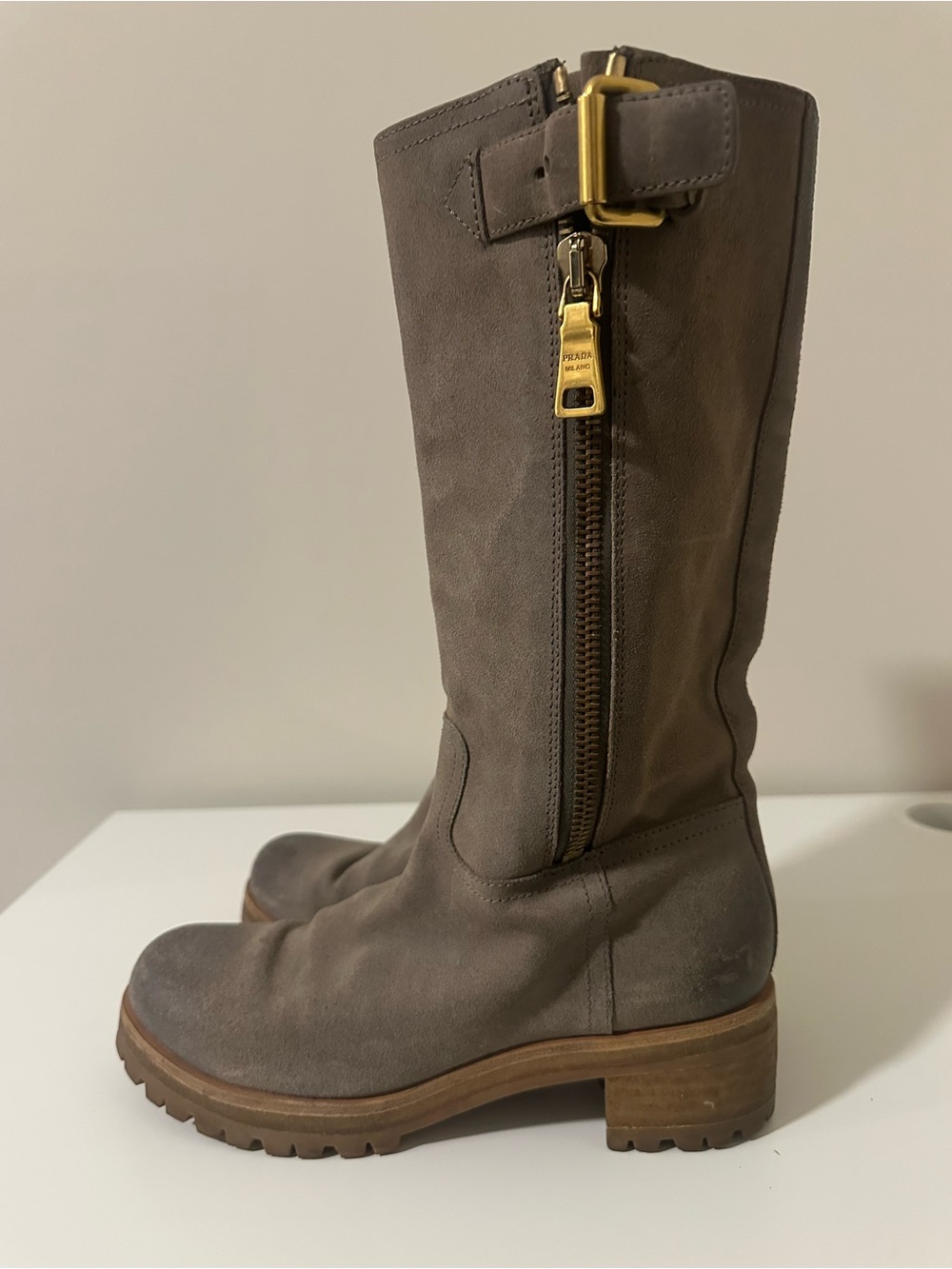 Prada Taupe Suede Over-the-Knee Boots with Gold Hardware - Picture 11 of 15